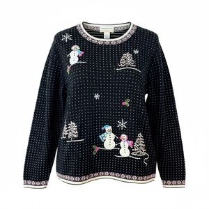 Vintage Alfred Dunner Women Black Snowman Christmas Sweater Long Sleeve Knit Top